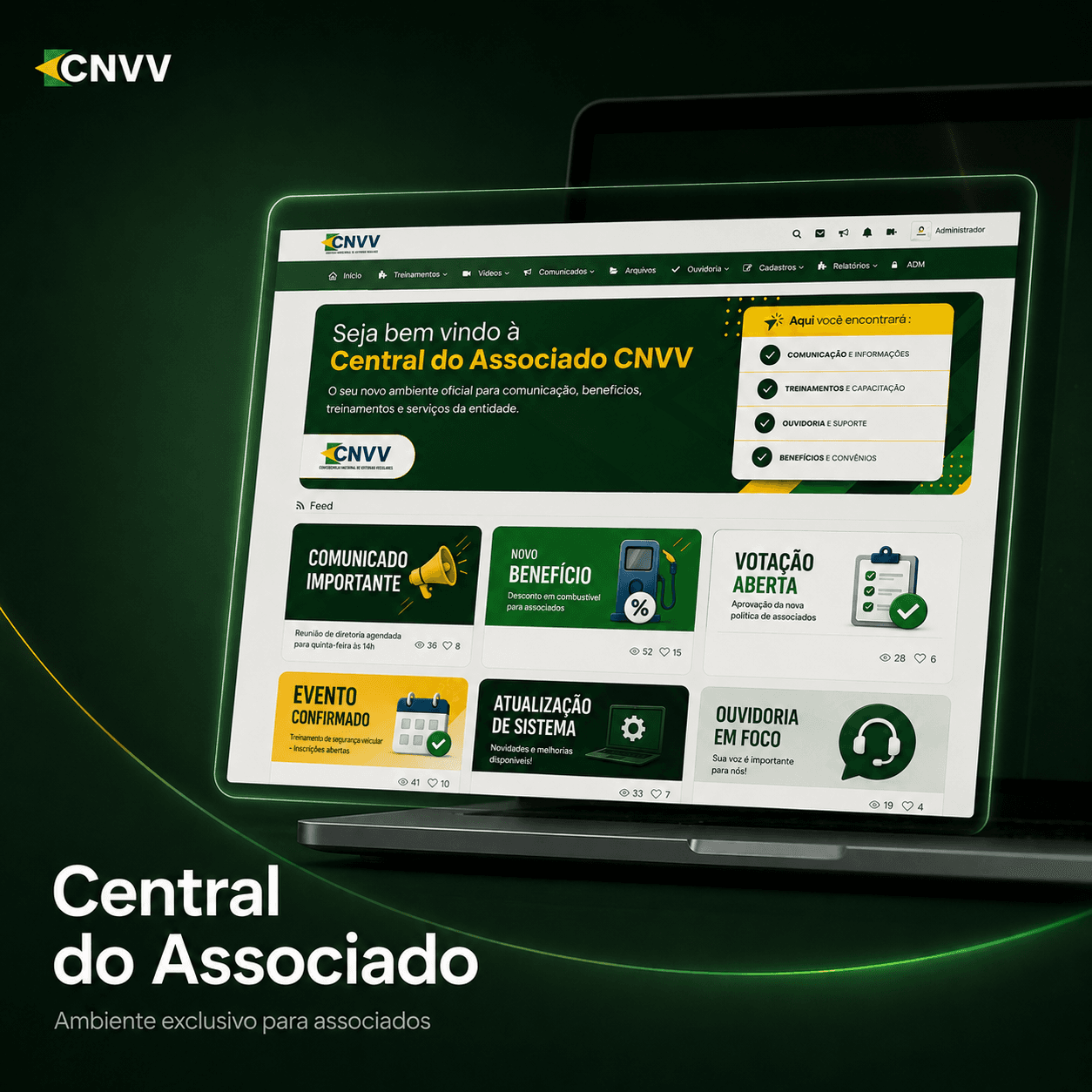 Tela inicial da Central do Associado CNVV com comunicados, benefícios, votação, eventos e ouvidoria.